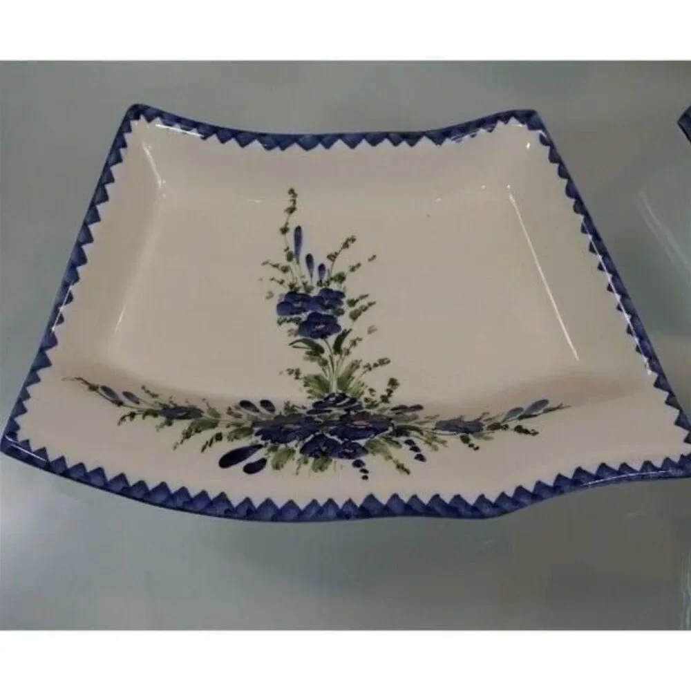 Vintage Tidbit Tray 7 Pc XL Dish Set White Blue Flowers Hand Painted Greece
